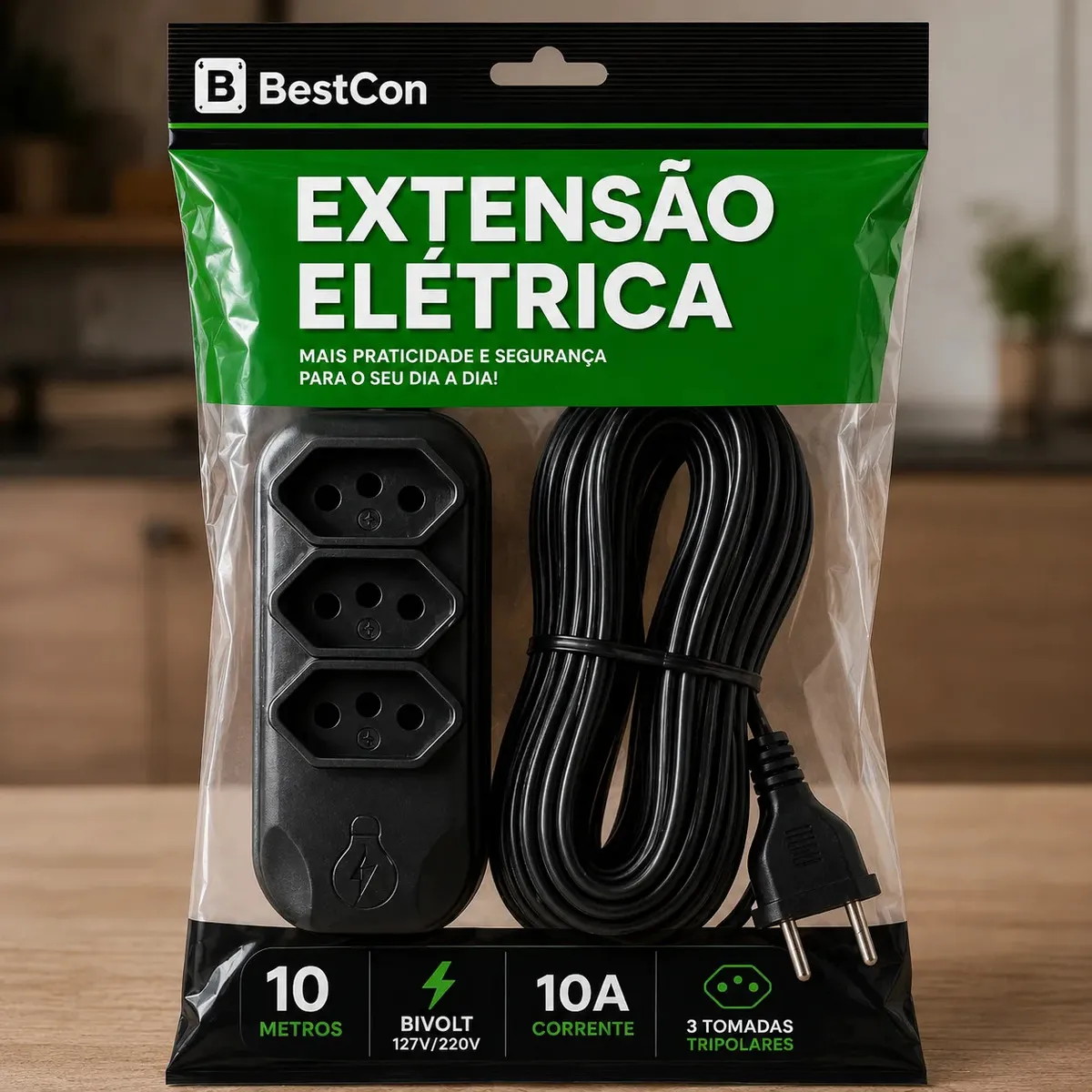 Extensão elétrica preta Bestcon de 10 m com três tomadas, modelo 10 A.