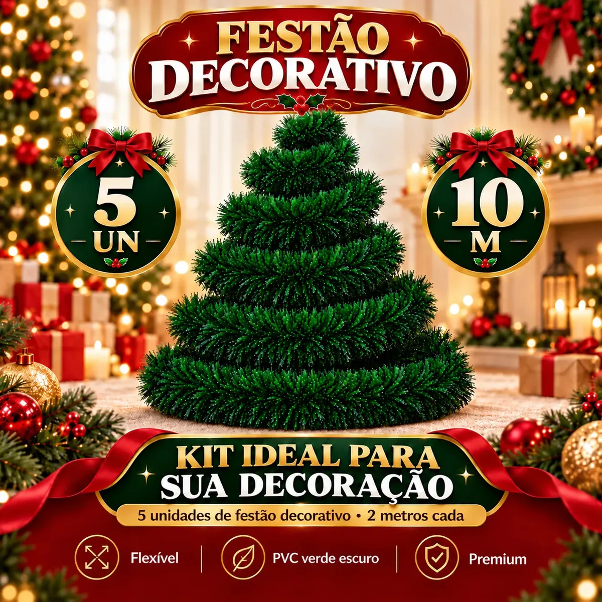 Kit de cinco festões verdes de Natal, cada um com 2 m de comprimento e 9 cm de diâmetro.
