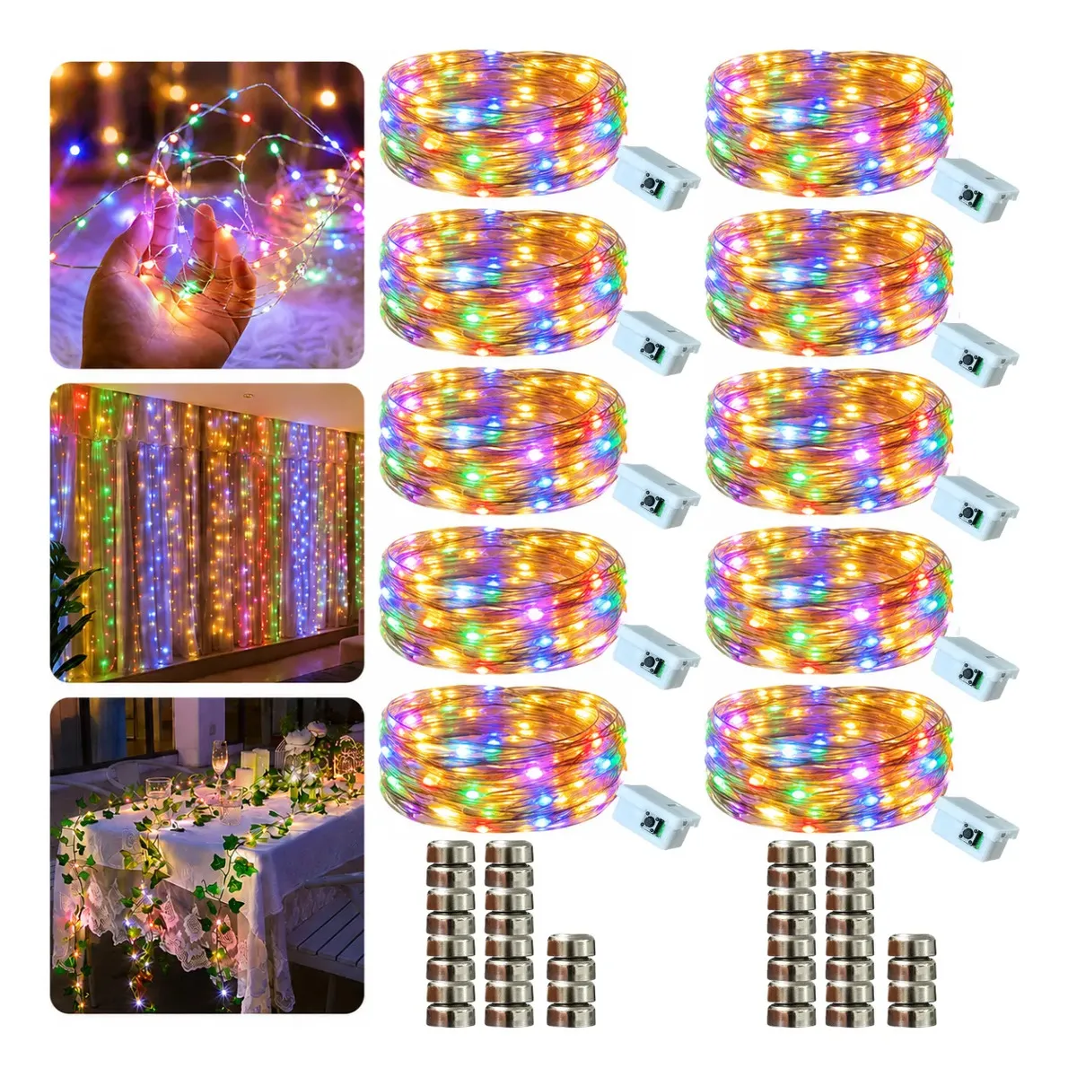 Kit com dez fios de fada LED coloridos, a pilha, com 2 m e 20 LEDs cada.