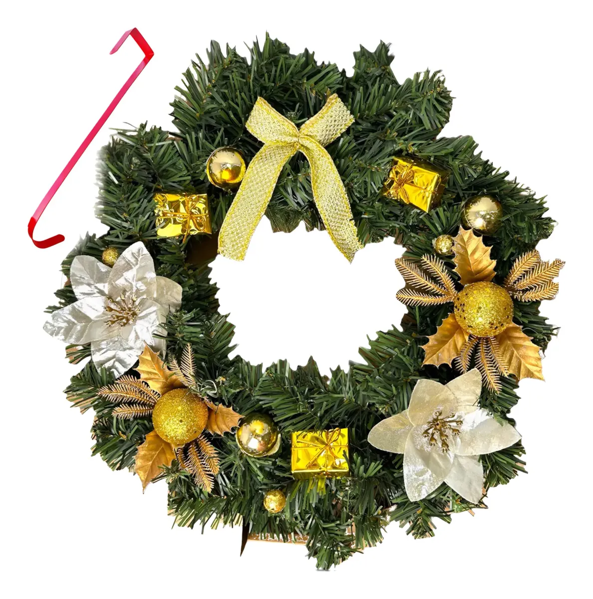 Guirlanda natalina decorada em tons de verde e dourado, com gancho de porta incluído.
