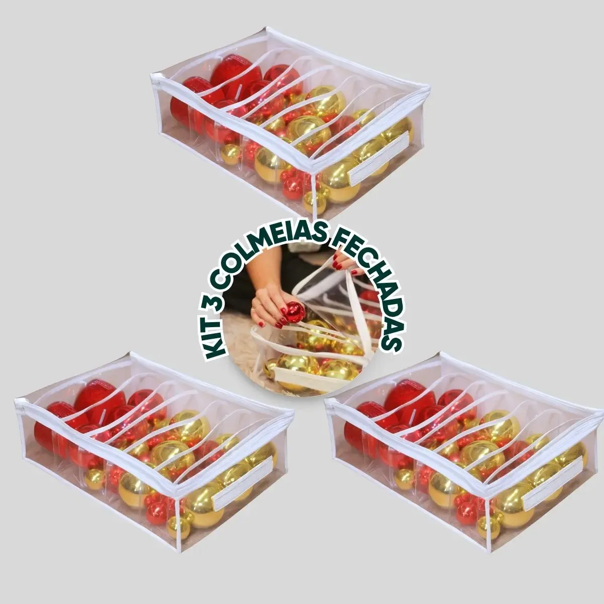 Kit de três organizadores brancos com divisórias para guardar enfeites de Natal.