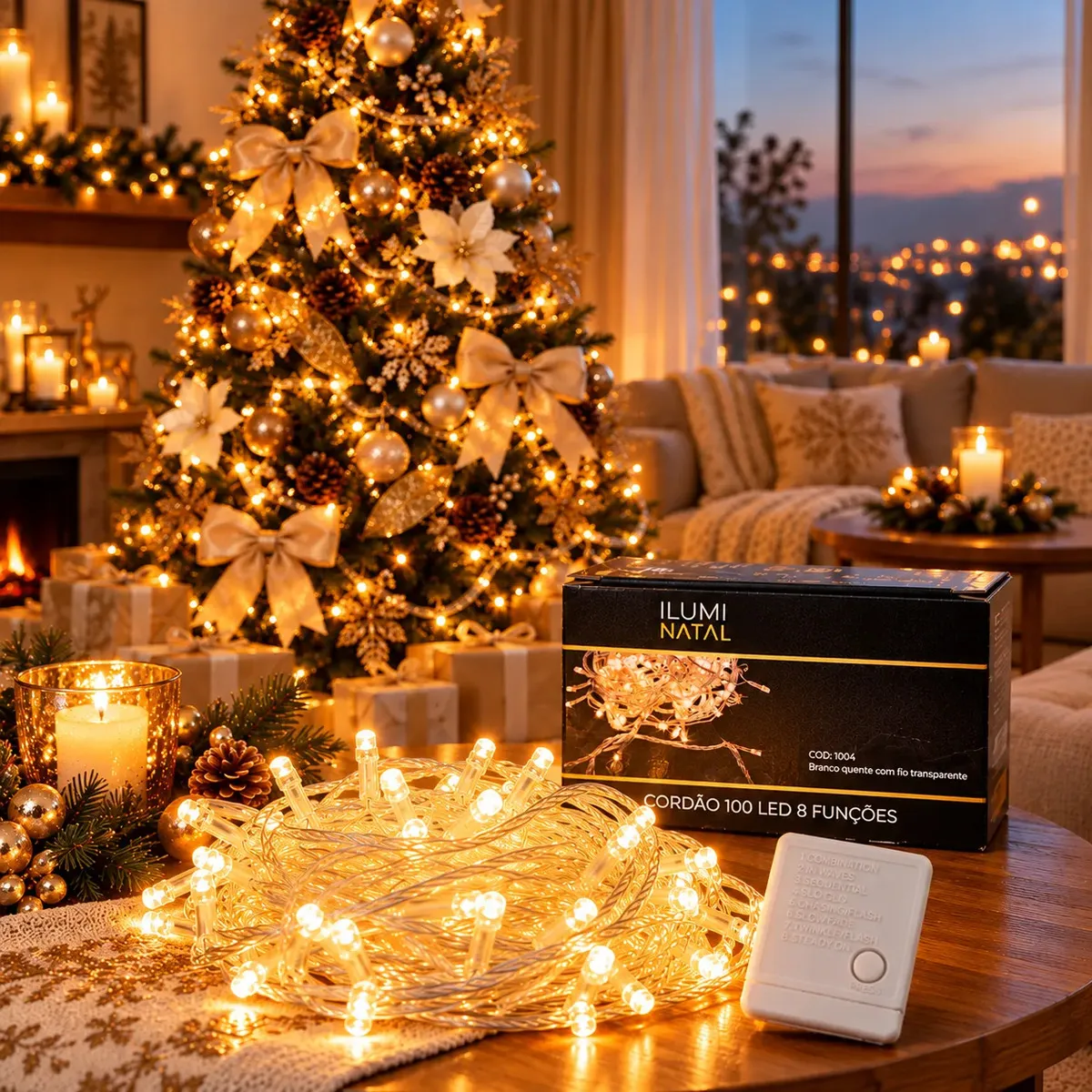 Cordão de luz LED branca quente LPH com 100 LEDs e 10 metros para ambiente interno.