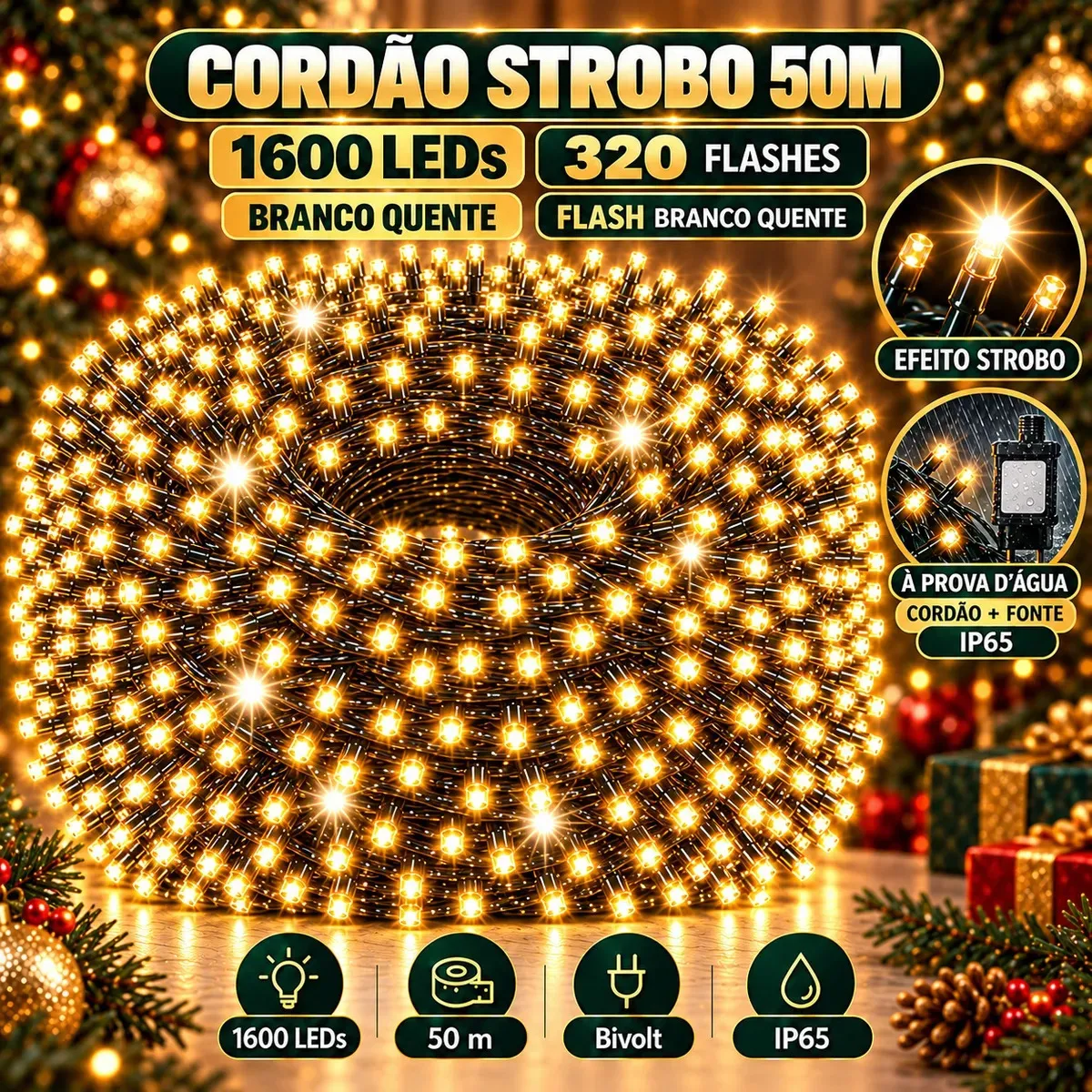 Cordão LuvinCo de 50 m com 1.600 LEDs branco quente e efeito strobo.