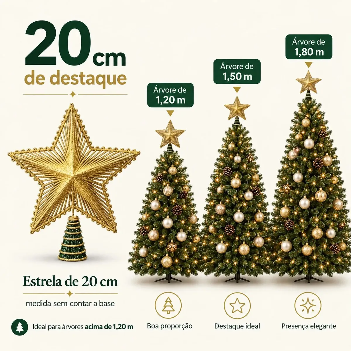 Ponteira dourada de 20 cm com glitter para o topo da árvore de Natal.